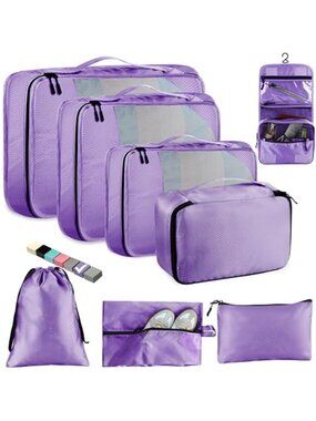8 Piece Packing Cubes Set Travel Luggage Organizer Shoe Toiletry Bag Purple